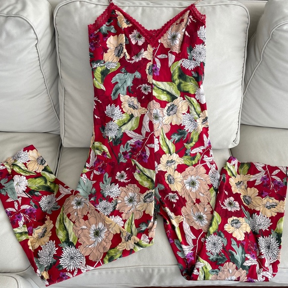 Guess Pants - Guess Luxe red floral print sleeveless jumpsuit